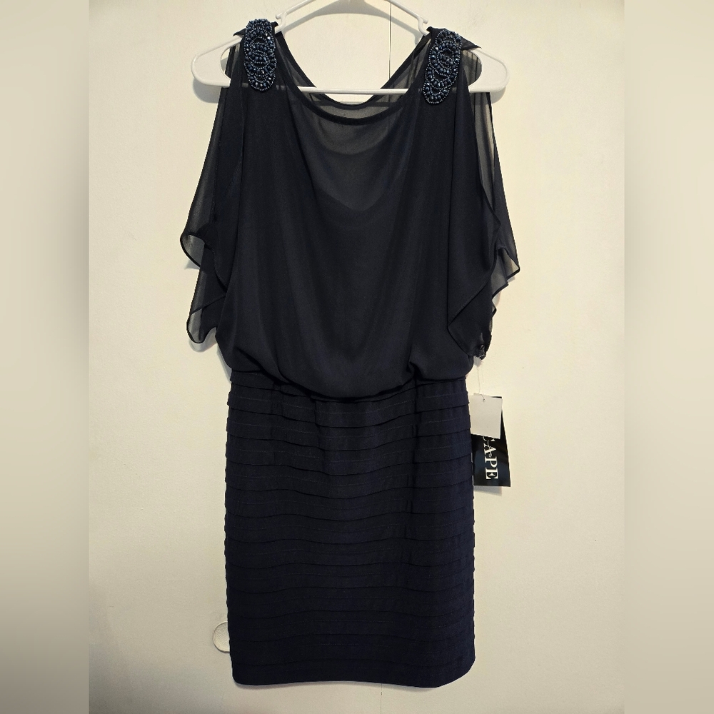 Xscape Navy‎ Beaded Cocktail Dress Size 6 Sheer Overlay NWT Elegant
